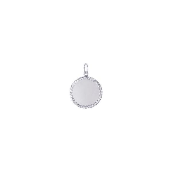 Rhodium Sterling Silver 19mm Rope Edge Disk Charm. polished, engravable. Barnes Jewelers Goldsboro, NC