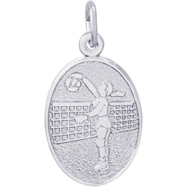 Rhodium Sterling Silver Female Volleyball Player Oval Disc Charm/Pendant. H 0.73