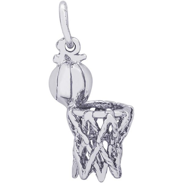 Rhodium Sterling Silver 3-D Basketball Hoop & Net.  Charm/pendant,  H 0.66