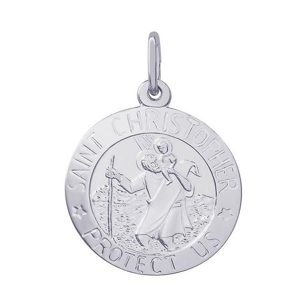 Rhodium Sterling Silver St Christopher Medal  Disc Charm/Pendant. 18.5mm, Polished, Engravable, Barnes Jewelers Goldsboro, NC