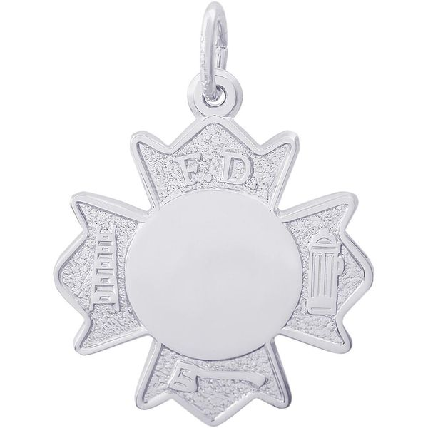 Rhodium Sterling Silver Fire Department Badge Charm. 0.81