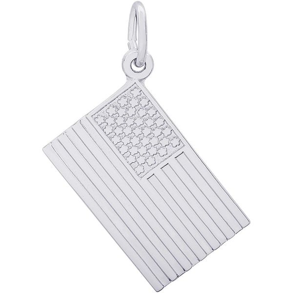 Rhodium Sterling Silver  American Flag Charm. 19x12mm . Polished. engravable. Barnes Jewelers Goldsboro, NC