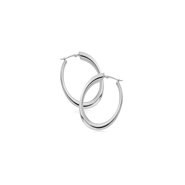 Rhodium Sterling Silver Medium Oval Hoop Earrings, S/D post.  37mm x 27mm. Barnes Jewelers Goldsboro, NC