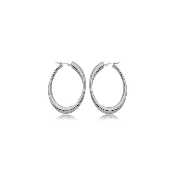 Rhodium Sterling Silver Large  Oval  Hoop Earrings, S/D post. 45.5mm x 33mm. Barnes Jewelers Goldsboro, NC