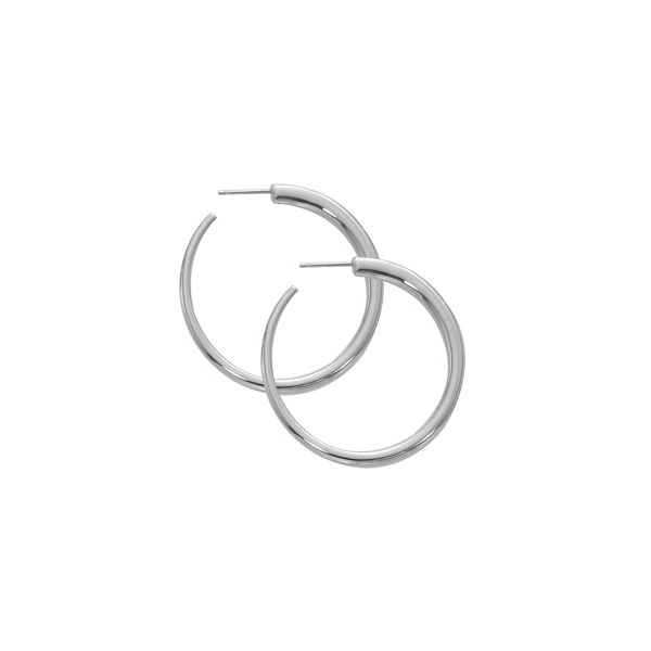 Rhodium Sterling Silver Medium Round Hoop Earrings 35mm. w/posts Barnes Jewelers Goldsboro, NC
