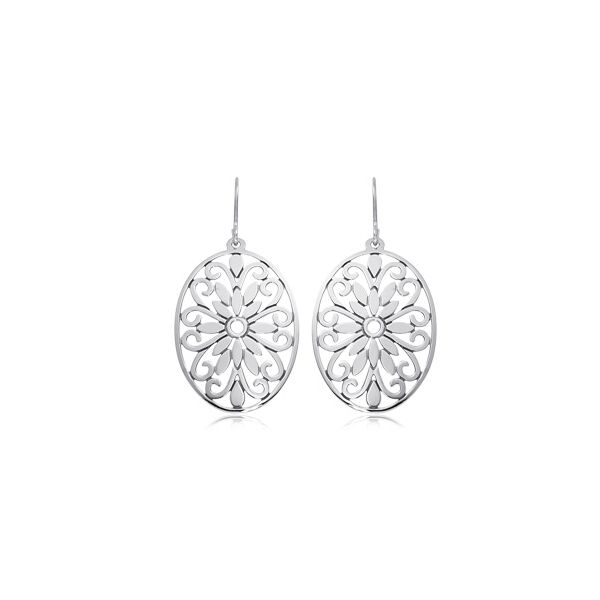 Rhodium Sterling Silver Oval Center Floral Dangle Earrings. Barnes Jewelers Goldsboro, NC