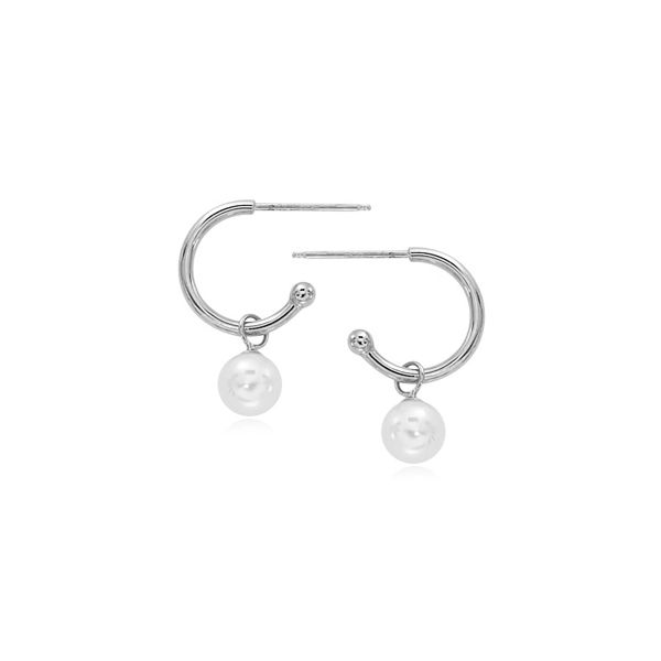 Rhodium Sterling Silver 20.5mm X 15mm Hoop Earrings, posts,  w/ 10mm x 8mm Freshwater Pearls Charms. Barnes Jewelers Goldsboro, NC