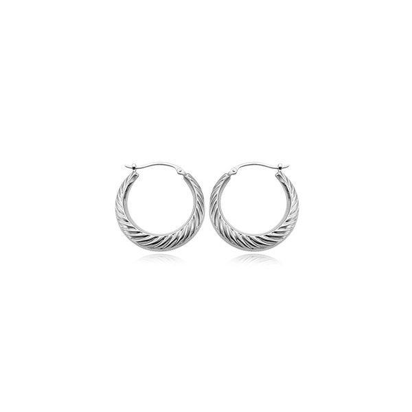 Rhodium Sterling Silver Swirled Shell  Hoops Earrings. 24mm. S/D posts . Barnes Jewelers Goldsboro, NC