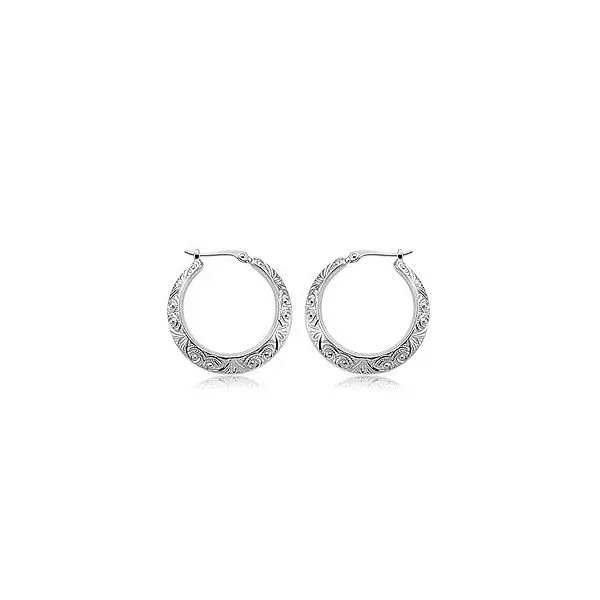 Rhodium Sterling Silver Embossed Swirls Hoop Earrings. 22mm.  S/D posts. Barnes Jewelers Goldsboro, NC