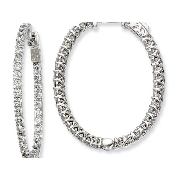 Rhodium Sterling Silver, In & Out,  31mm x 37mm Large Oval Hoop Earrings  W/66  Cubic Zirconia Stones Barnes Jewelers Goldsboro, NC