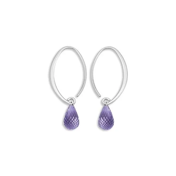 Rhodium Sterling Silver Small Simple Sweep Earrings with Faceted Amethyst Drops. Barnes Jewelers Goldsboro, NC