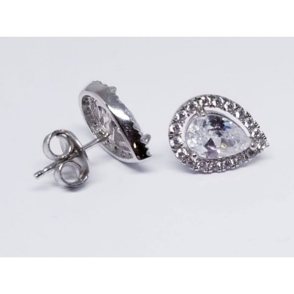 18Kwp Sterling Silver Pear Halo Studs Earrings w/ 1.98 tw Simulated Diamonds Barnes Jewelers Goldsboro, NC