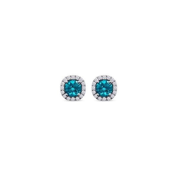 18KWP Sterling Silver  Halo Stud Earrings w/ Aqua and White  2.00ctw simulated diamonds Barnes Jewelers Goldsboro, NC