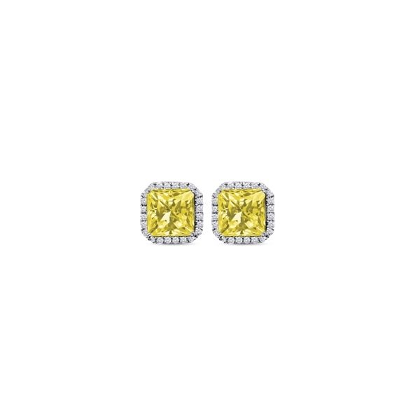 18Kwp Sterling Silver Canary Princess Halo  Studs Earrings w/ 4.36 tw Canary and White simulated stones Barnes Jewelers Goldsboro, NC