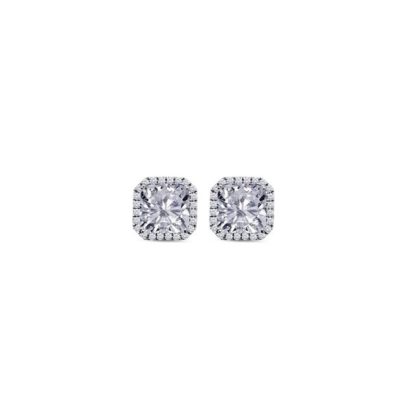 18K White Gold over  Sterling Silver Princess Halo Studs Earrings w/4.36tw  simulated diamonds Barnes Jewelers Goldsboro, NC