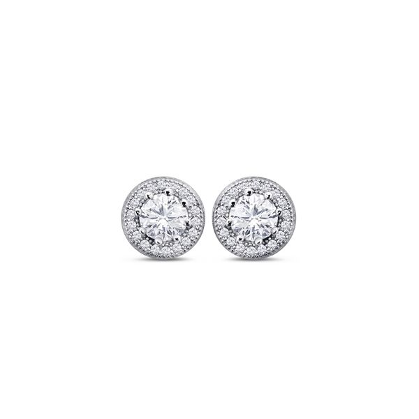 18K White Gold over Sterling Silver Round Halo Stud Earrings with Simulated Diamonds  1.28tw Barnes Jewelers Goldsboro, NC