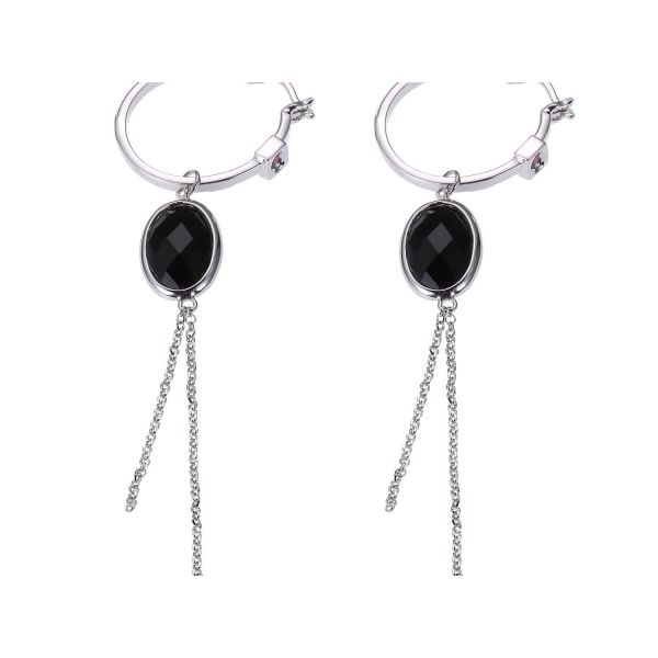 Rhodium Sterling Silver Mystere Earrings, 21mm Hoop with Obsidian Stone/chain Charms Barnes Jewelers Goldsboro, NC
