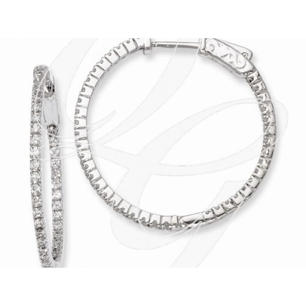 Rhodium Sterling Silver  in/out Vault Lock 27mm Hoop Earrings with 80 CZ stones Barnes Jewelers Goldsboro, NC