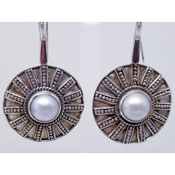 Antiqued Sterling Silver 27.4mm Round Earrings w/ 9.5mm Mother of Pearl Center. Wire Hooks . Barnes Jewelers Goldsboro, NC