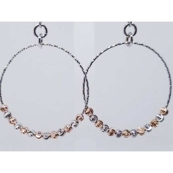 Sterling Silver Rosé Dangle Beaded Hoop Earrings, Wire Hooks. Barnes Jewelers Goldsboro, NC