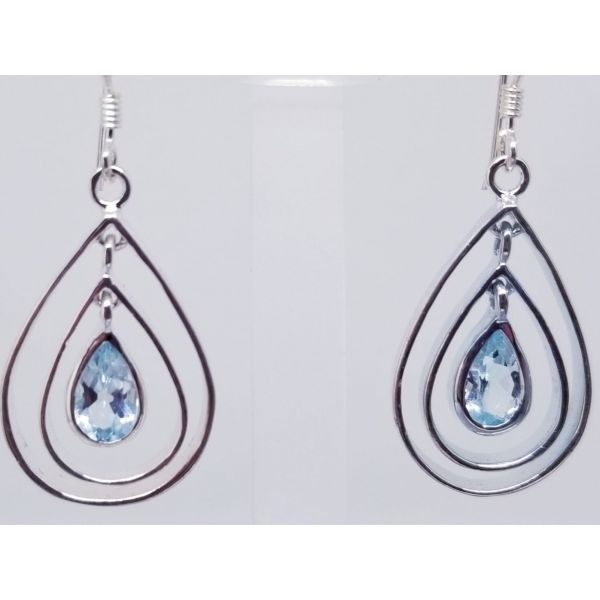 Sterling Silver Teardrop Shaped Fashion Dangle Earrings W/ Blue Topaz. Wire Hooks. Barnes Jewelers Goldsboro, NC