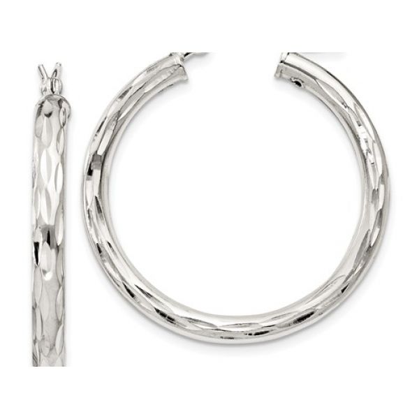 Sterling Silver Tube Hoop Earrings 3mm x 30mm x 33mm, Diamond Cut, Satin/Polished Finish. Barnes Jewelers Goldsboro, NC