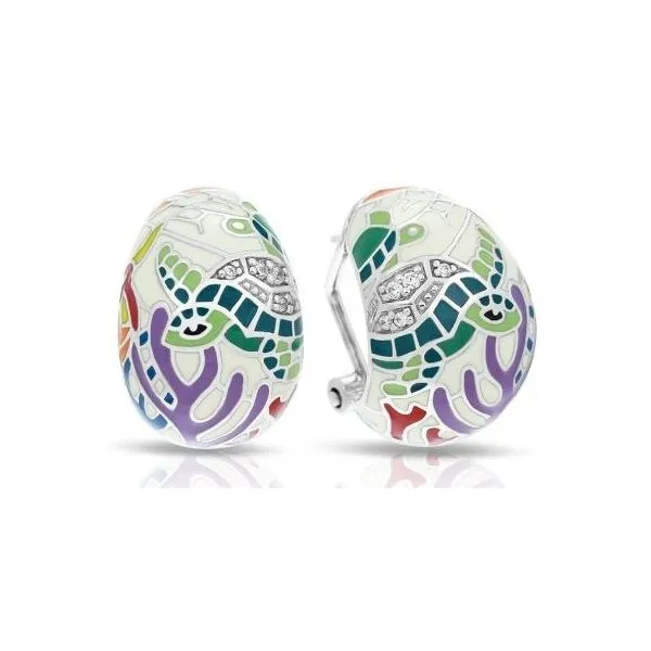 Rhodium Sterling Silver Sea Turtles Earrings. w/ Hand Painted IVORY and Multi colored Enamel, w/ CZs Hinged Backs. Barnes Jewelers Goldsboro, NC