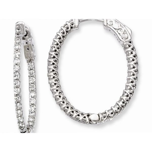 Rhodium  Sterling Silver CZ Hinged Oval Hoop Earrings, In & out, Vault lock, 60 CZ stones, 23mm x 28mm Barnes Jewelers Goldsboro, NC