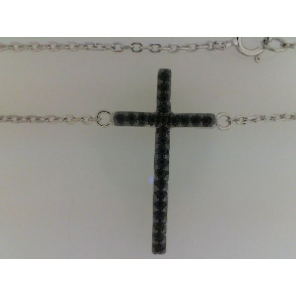 Rhodium Sterling Silver Cross Necklace, Reversible Cross, 13mm x 24mm,  Black & Clear Cubic Zirconias, Attached Cable Chain 16
