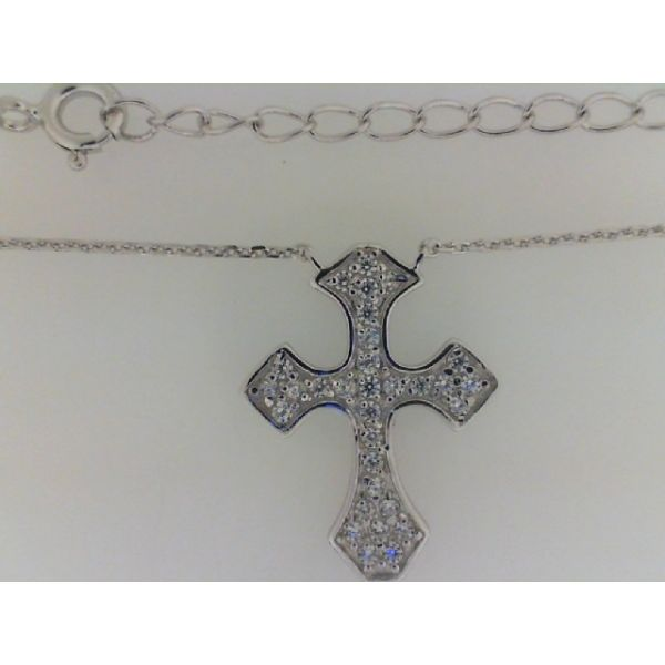 Rhodium Sterling Silver Cross Necklace,  apx. 15mm x 20mm, w/Cubic Zirconias and  with attached Cable chain 16