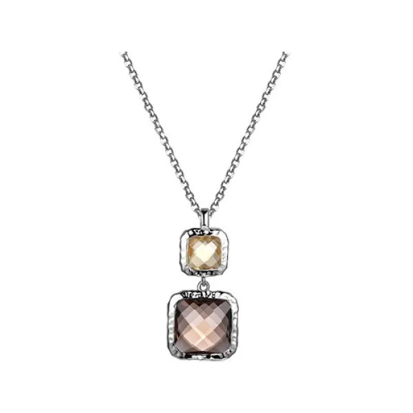 Rhodium Sterling Silver Sunrise Necklace with One 10 x 4.5mm Smokey Quartz and one 6mm x 2.5mm Honey Citrine Stones Pendant. Rol Barnes Jewelers Goldsboro, NC