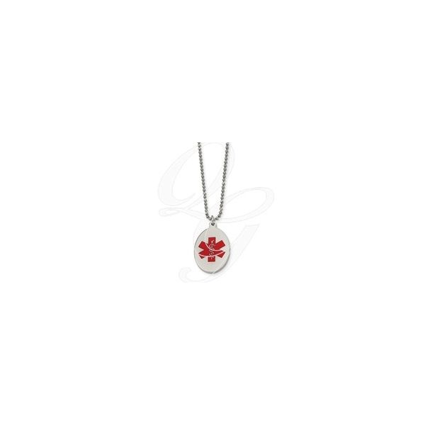 Chisel  Stainless Steel Necklace w/Red Oval Medical Alert Pendant 34mm x 21mm. Bead Chain 1mm x Length 22