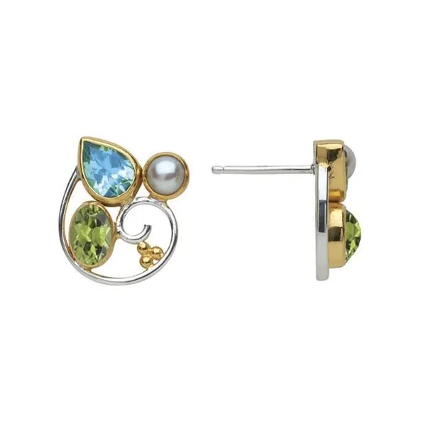 Sterling Silver & 22KY Gold Vermeil,  Scroll  Earrings, Stud Posts,  w/  Blue Topaz, Peridot and FW Pearl, Barnes Jewelers Goldsboro, NC