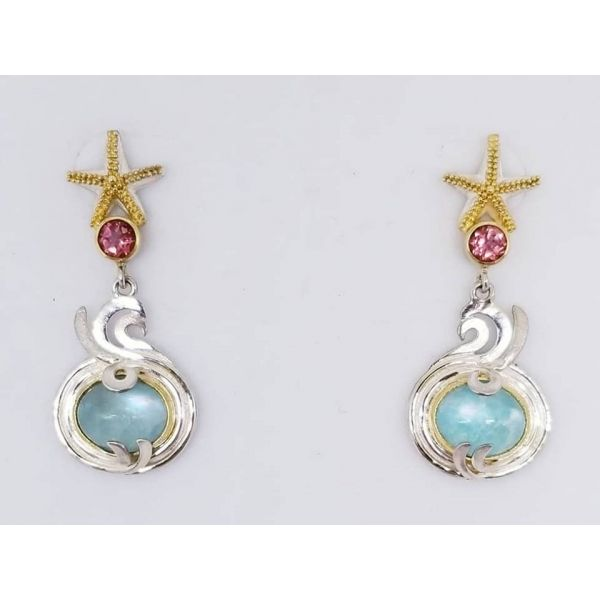 Sterling silver & 22ky Vermeil Nautical Starfish Dangle Earrings w/ Imperial Pink Topaz & Amazonite, made in Bali, Barnes Jewelers Goldsboro, NC