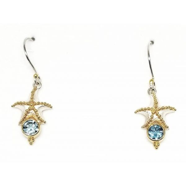 Sterling Silver & 22KY Vermeil Starfish earrings, Dangles,  with Blue Topaz, Barnes Jewelers Goldsboro, NC