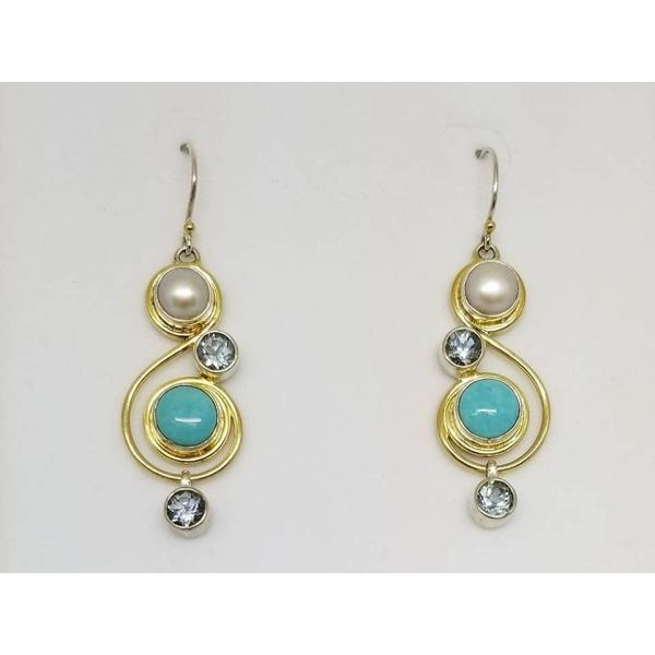 Sterling Silver & 22ky gold Vermeil Dangle Earrings with Turquoise, freshwater pearls and Blue topaz, Made in Bali, Barnes Jewelers Goldsboro, NC