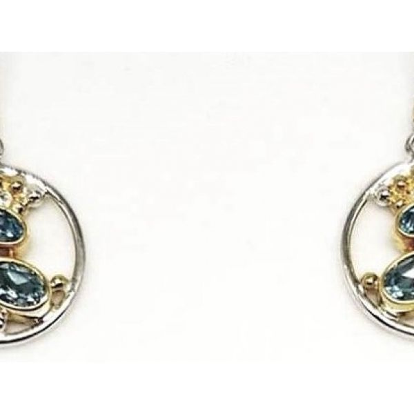 Sterling Silver & 22KY Vermeil Dangle Earrings, 17mm round, w/ Pearl, Swiss Blue Topaz and Blue Topaz Stones, Barnes Jewelers Goldsboro, NC