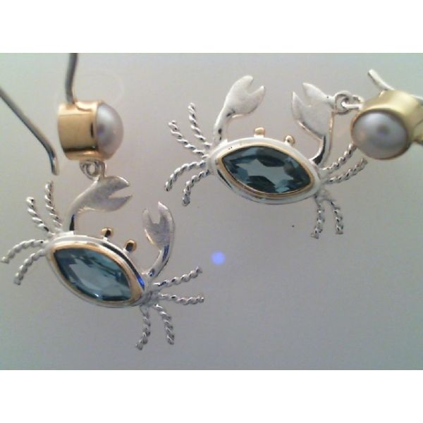 Sterling Silver & 22KY Vermeil  Tiny Crab Earrings, Dangle, w/ Blue Topaz and Pearls, made in BALI, Barnes Jewelers Goldsboro, NC