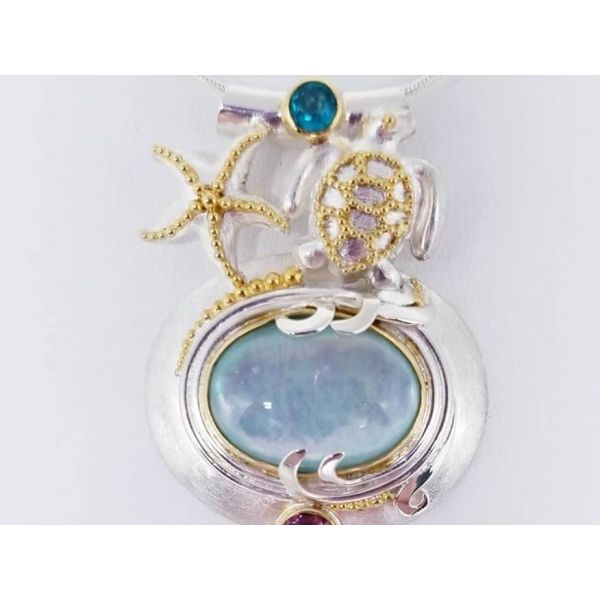 Sterling Silver & 22KY Vermeil  Nautical Pendant, Turtle & StarFish, w/  Opaque Amazonite, Teal Topaz, and Imperial Pink Topaz,  Barnes Jewelers Goldsboro, NC