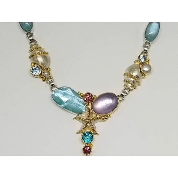 Sterling Silver & 22K Gold Vermeil Necklace, Nautical, w/ Rose de France over Mother of Pearl, Opaque Amazonite, Imperial Pink T Barnes Jewelers Goldsboro, NC