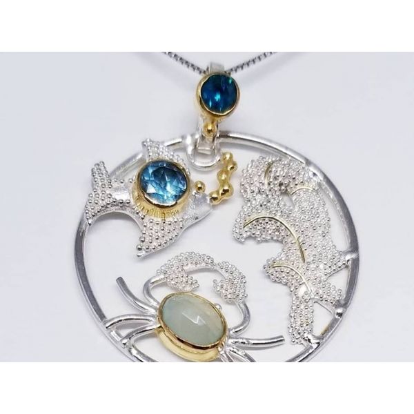 Sterling Silver & 22KY Vermeil  Round Pendant .w/ Fish, Crab, Blue Topaz, Chalcedony,  box Chain 18