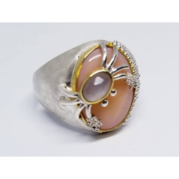Sterling Silvery & 22KY Vermeil Crab Ring size 8 with Pink Mussel and Aqua Chalcedony. Barnes Jewelers Goldsboro, NC