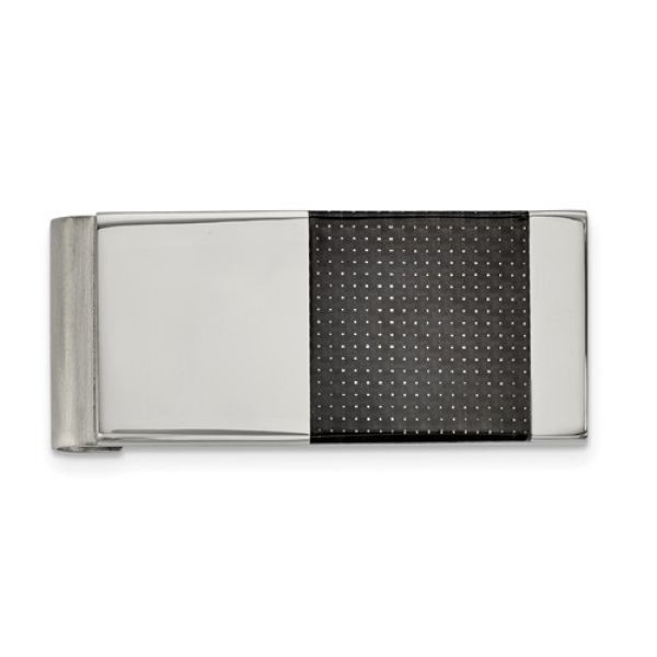 Stainless Steel Money Clip, Brushed, Polished and Black Carbon Fiber Block, apx 22mm x 51mm. Barnes Jewelers Goldsboro, NC