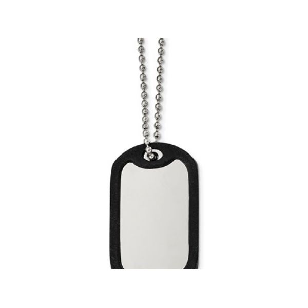 Stainless Steel  Necklace. Dog Tag Pendant w/Rubber Frame. Brushed side/polished side, apx. 50mm x 29mm Reversible, Engraveable. Barnes Jewelers Goldsboro, NC