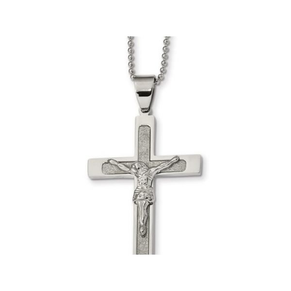 Stainless Steel Necklace w/ Crucifix Pendant,  54mm x 39mm apx., Polished/Laser Finish,   2mm Bead/Ball Chain Length  22