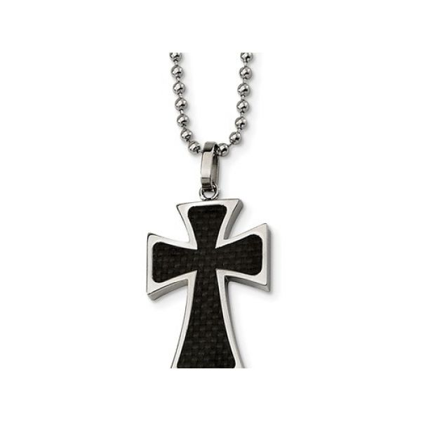 Stainless steel Cross Pendant,44mm x 21mm  w/  Black Carbon Fiber Inlay, Polished,  Stainless Steel Bead Ball chain 22