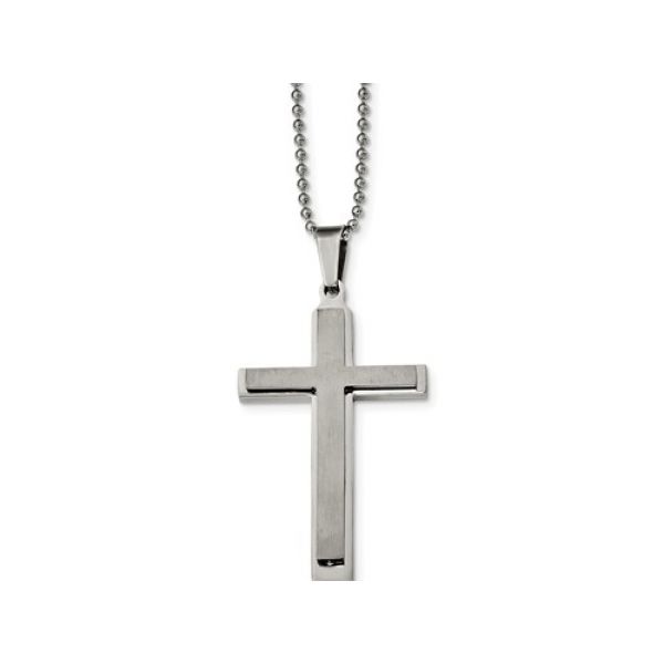 Stainless Steel  Necklace w/ Layered Cross Pendant, apx. 47mm x 31mm, Brushed/Polished Finish, Engraveable back, 2mm Bead/Ball C Barnes Jewelers Goldsboro, NC