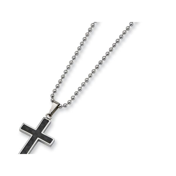 Chisel Stainless steel Necklace w/ Black Carbon Fiber Cross 40mm x 18mm , Bead chain 2mm x  22