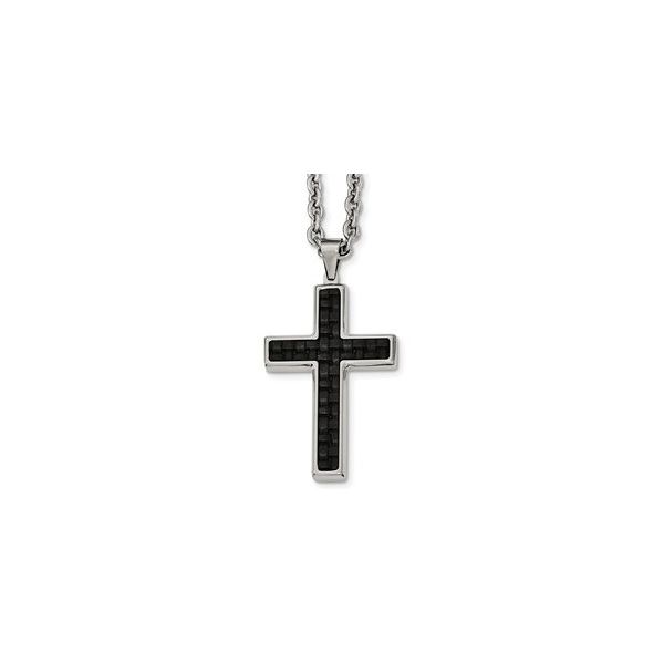 Stainless Steel Cross Pendant 59mm x 31mm with Black Inlay Leather. Cable Chain 24