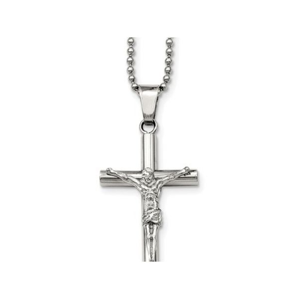 Stainless Steel Crucifix 50mm x 25mm, Polished Pendant. 2mm Bead Chain 22